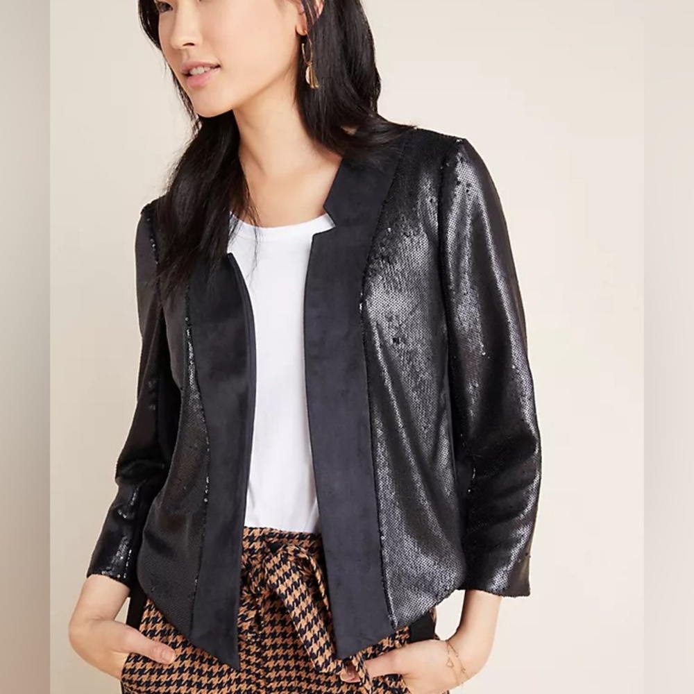 NWT Anthropologie Black Sequin Blazer Cropped